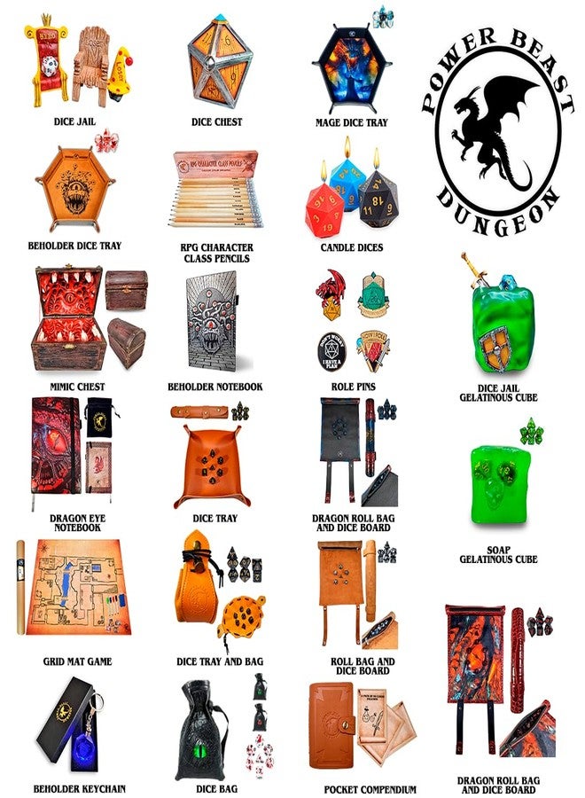 Power Beast Dungeon 2 in 1 Dragon Dice Rolling Mat & Dice Holder Dice Tray + Dice Set D&D Polyhedral DND 7pcs, Portable Foldable Gaming Scroll, Dungeons and Dragons, D&D, DND, RPG. (FIREDRAGON) - Image 5